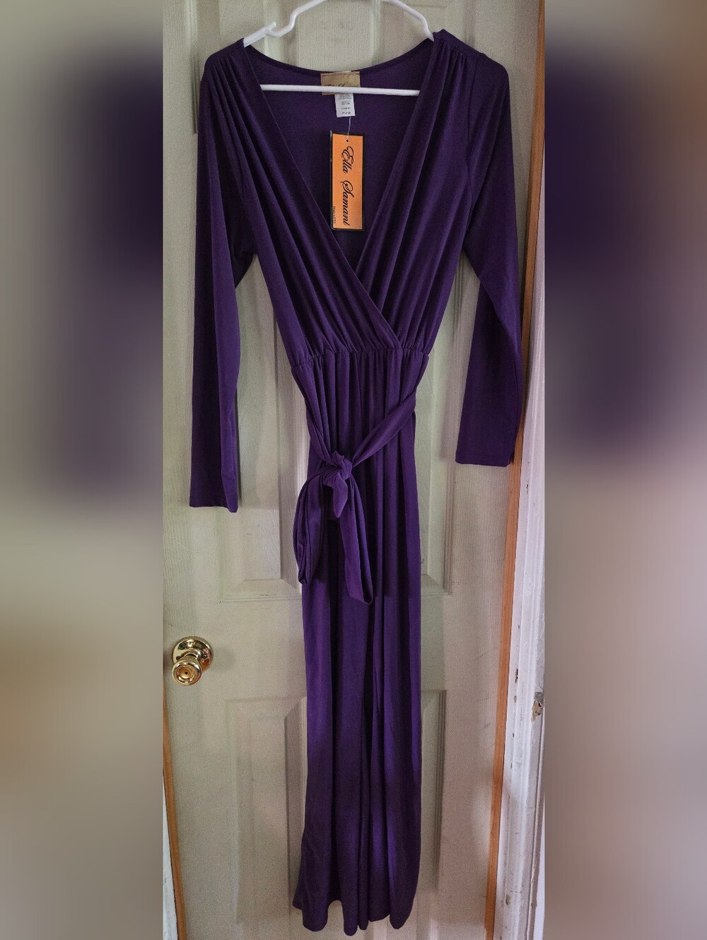 Etta Diamond Deep Purple Long-Sleeve Wrap Maxi Dress with Waist Tie
